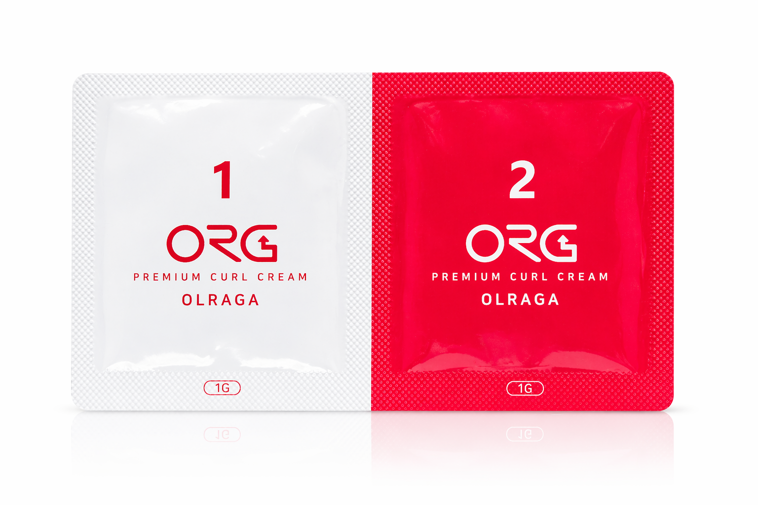 Two packets of OLRAGA premium curl cream, one white with red text and one red with white text, labeled '1' and '2'.