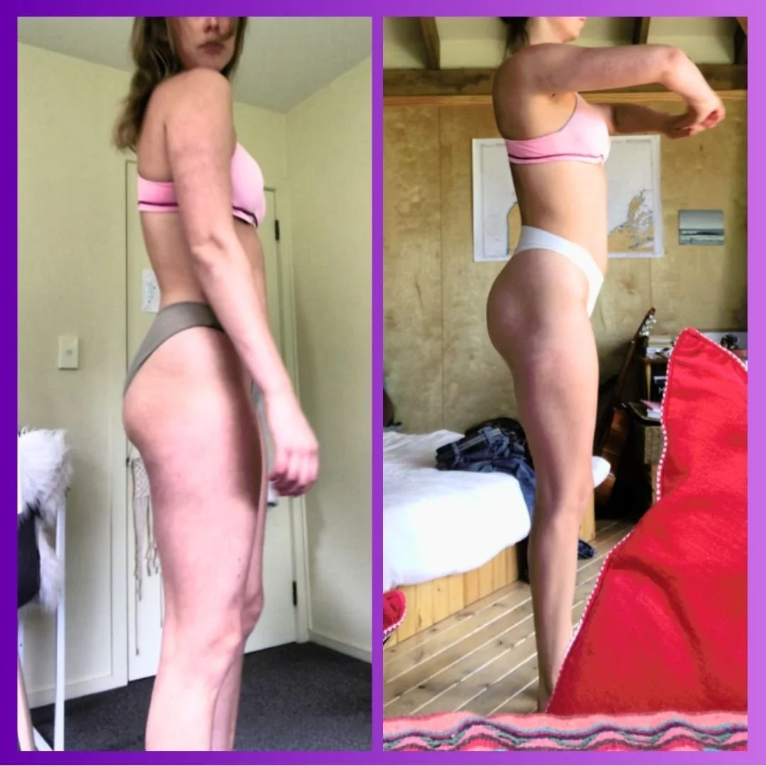 Before and after transformation focusing on building a feminine hourglass shape and glute growth.