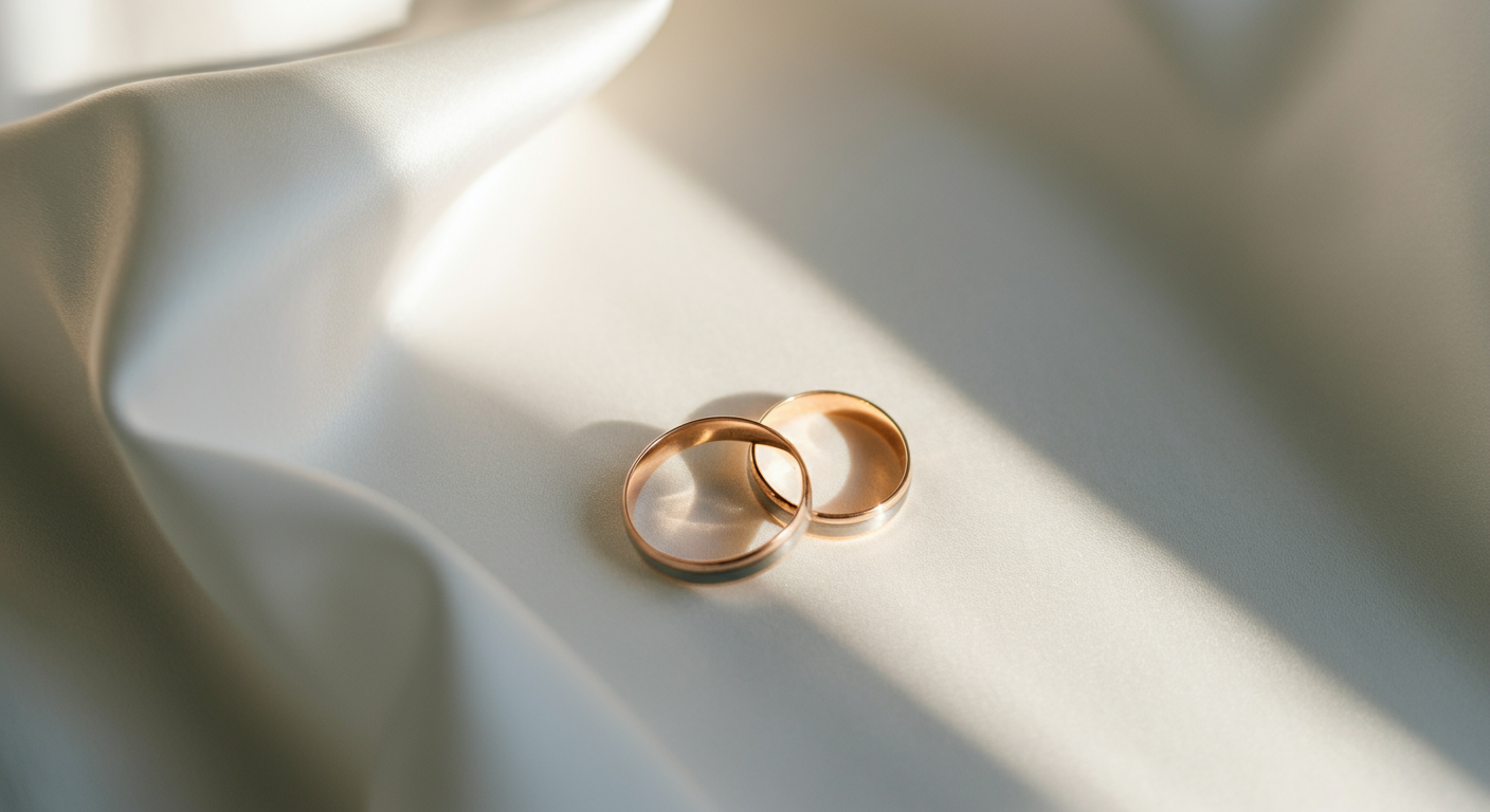 Two gold wedding rings resting on a white satin fabric with soft natural light and shadow.