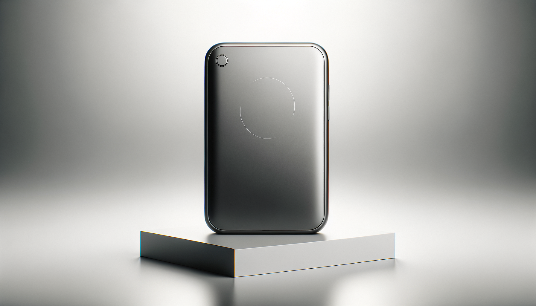 A sleek, modern smartphone with a metallic finish, standing vertically on a white platform against a blurred gray background.