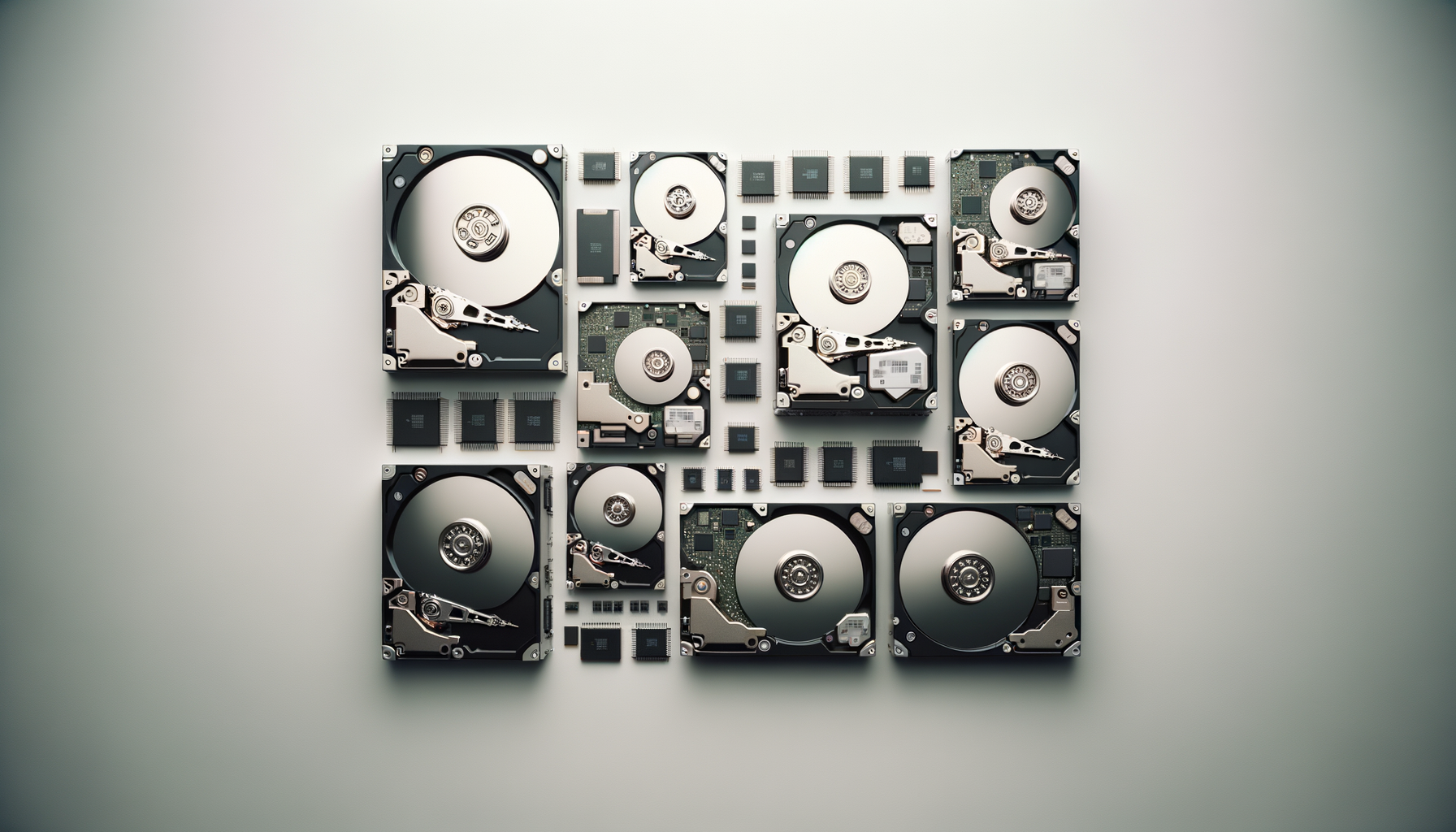 Multiple disassembled hard drives and electronic components arranged in a grid on a light surface.