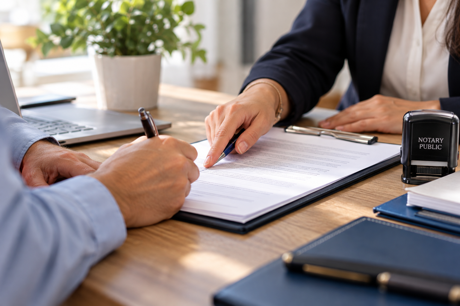 Client signing documents with a mobile notary in Dickinson, Texas