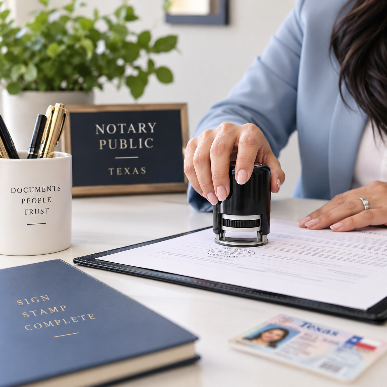 Notary public stamping documents during a notarization appointment