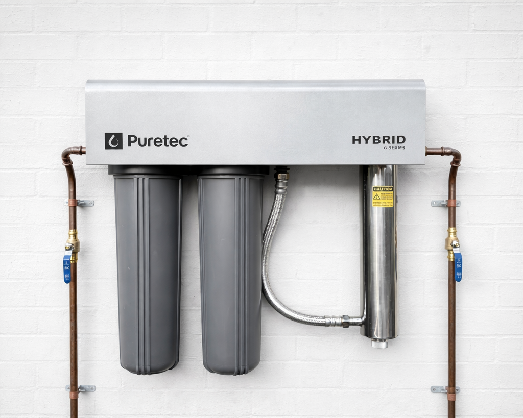 Water filtration system with two gray filters, copper pipes, and a metal canister mounted on a white brick wall.