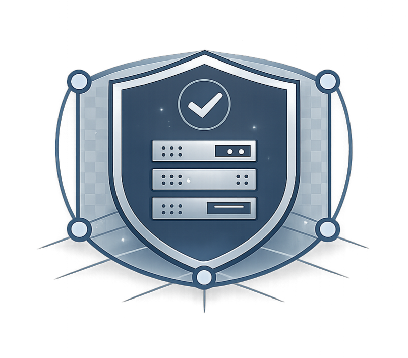 Digital security shield with server icons and a checkmark.