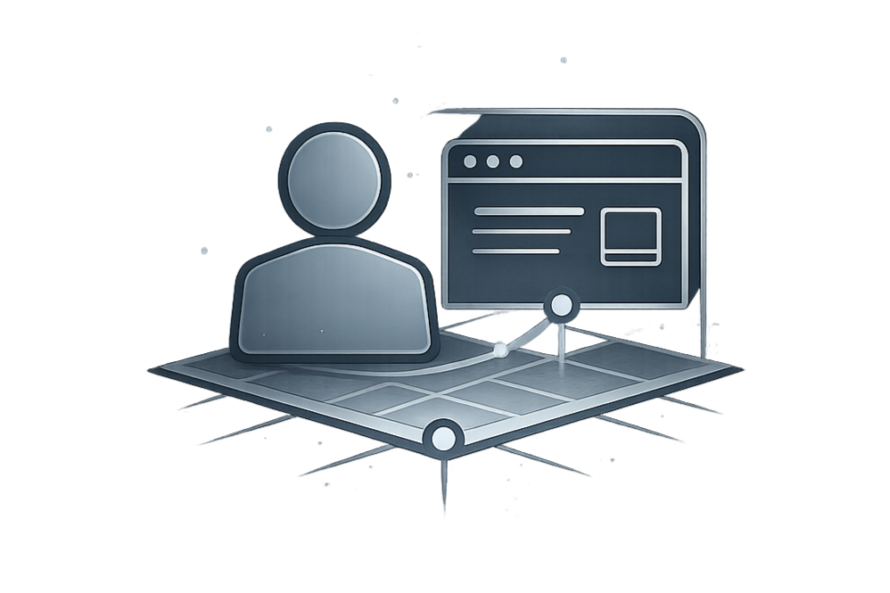 A digital illustration of a person icon, a computer window, and a 3D grid platform, representing digital or online user interface and technology.