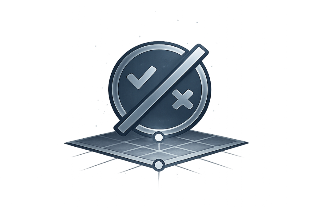 A digital illustration of a sphere with checkmark and cross icons, placed on a grid platform, with a digital and technological theme.