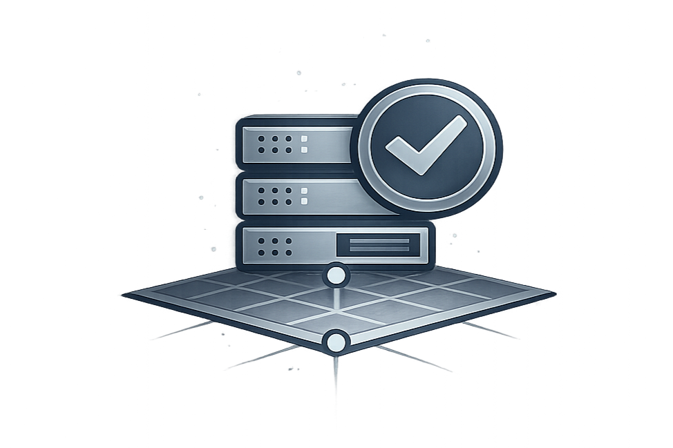 Digital illustration of a server rack with a checkmark icon, representing data security or system approval.