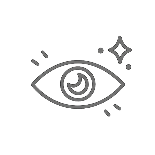 Minimalist icon of an eye with a crescent moon inside, surrounded by sparkles.