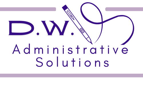 Logo for D.W. Administrative Solutions featuring the business name with a pen illustration.