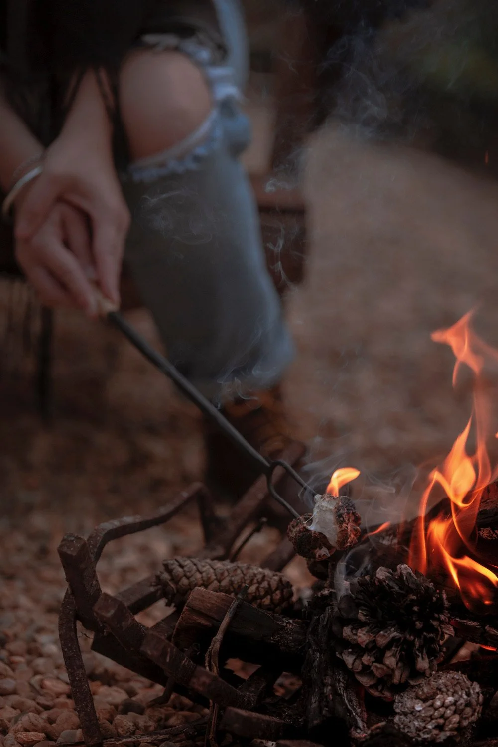 Person roasting marshmallows over an open campfire outdoors, with a glimpse of pine cones and wood in the fire.