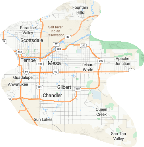 Map of cities in Arizona including Phoenix, Tempe, Mesa, Gilbert, Chandler, and surrounding areas with highways and natural features.