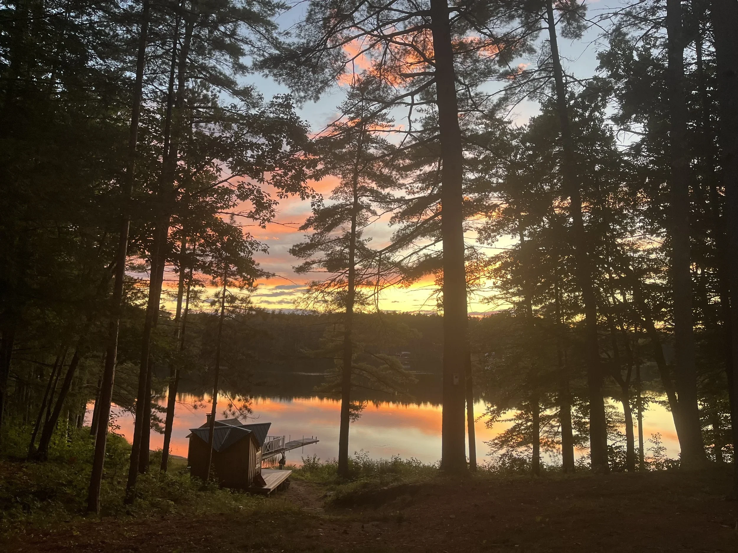 Sunset over a lake viewed through tall trees with a small dock and cabin in the foreground.