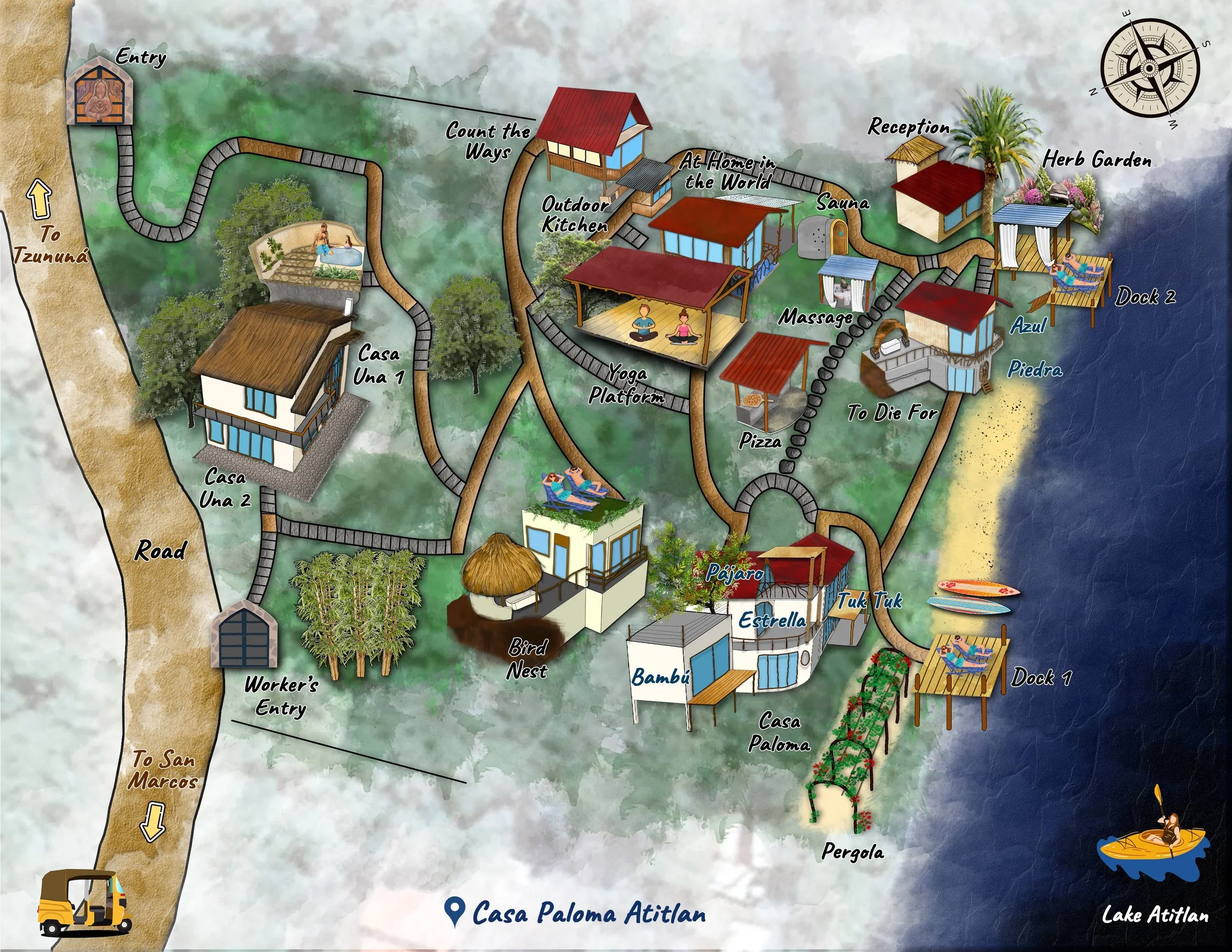 A detailed illustrated map of Casa Paloma Atitlán, showing different buildings, a garden, docks, a lake with boats, paths, trees, and various amenities such as a yoga platform, outdoor kitchen, sauna, and herb garden.