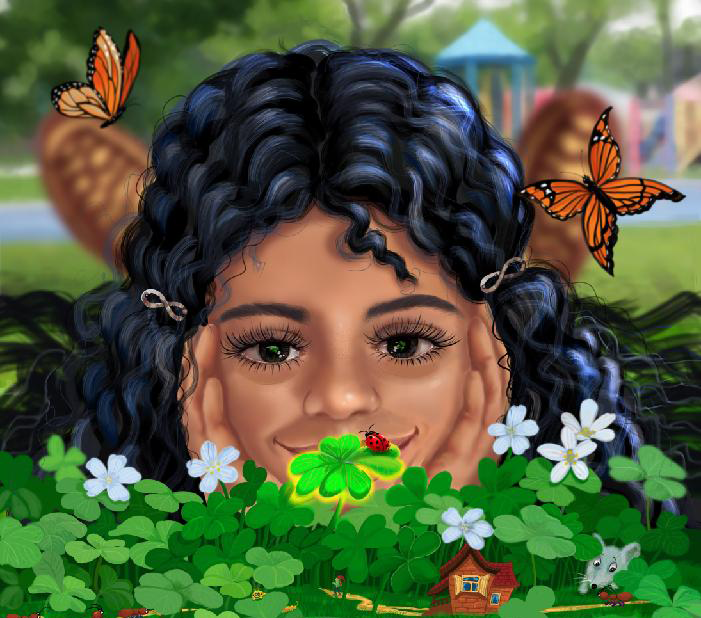 a little girl with brown eyes and dark wavy hair holds her hands on her face as she looks down upon a patch of green clovers with a lady bug sitting on top of a four-leaf clover.