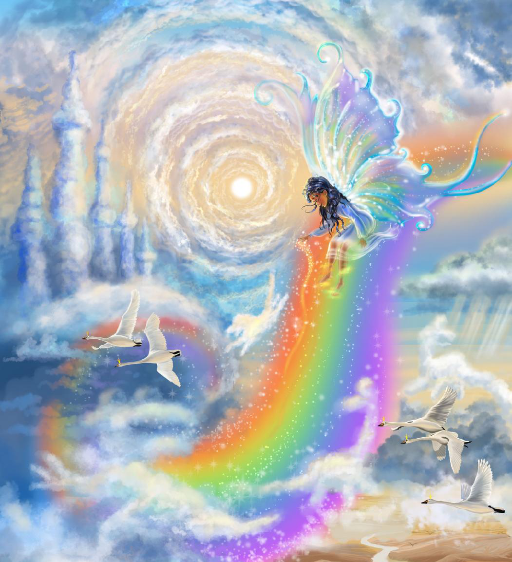 a little girl with fairy wings floats in a sky full of clouds, with a vibrant rainbow crossing the sky and swans float  alongside ther