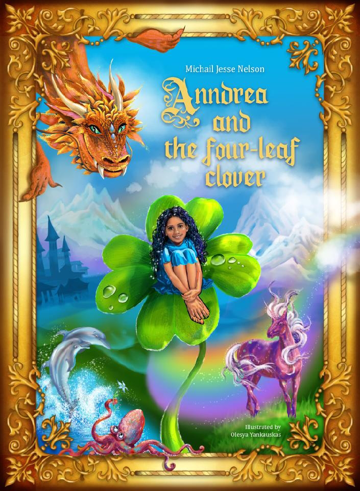 a young girl with dark wavy hair smiles as she sits on top of a four leaf clover as she is among a unicorn, dolphines, an octopus and dragon, with a castle and mountains in the distance.