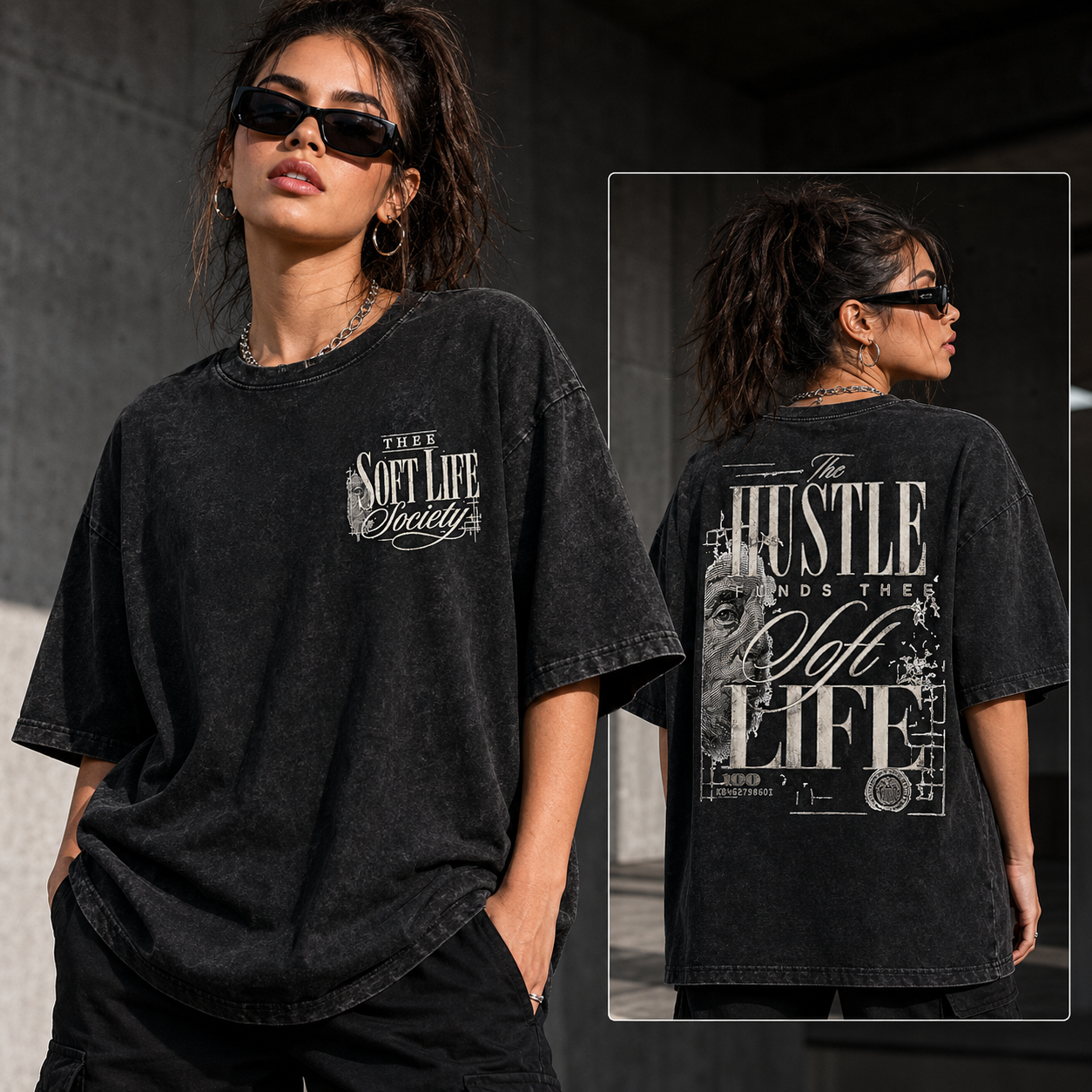 "The Hustle Funds the Soft Life" Acid Wash Graphic Tee