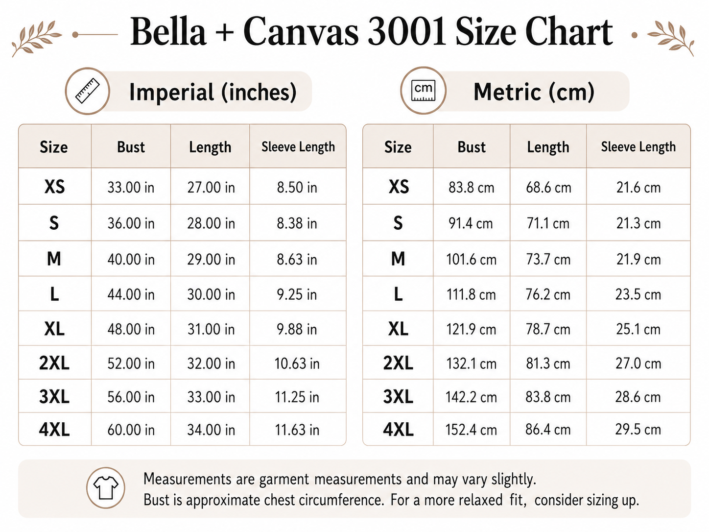 Size chart for Bella + Canvas 3001, showing measurements in inches and centimeters for various sizes from XS to 4XL, including bust, length, and sleeve length.