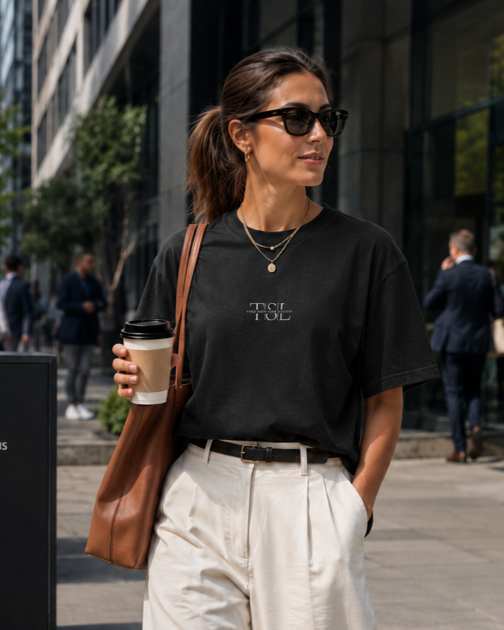 A woman in sunglasses wearing a black t-shirt with white text, cream-colored pants, and a brown shoulder bag, holding a coffee cup, standing on a city street.