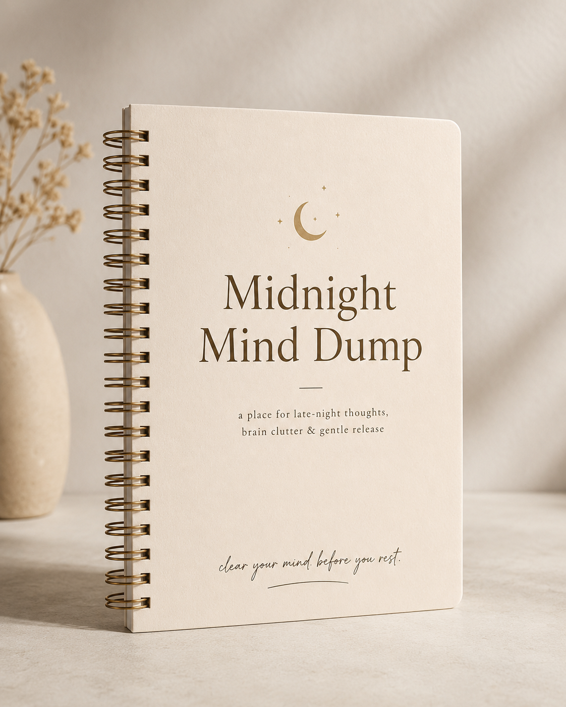 A spiral-bound journal titled "Midnight Mind Dump" with a crescent moon and stars illustration, on a neutral-colored surface with a beige vase holding dried flowers in the background.