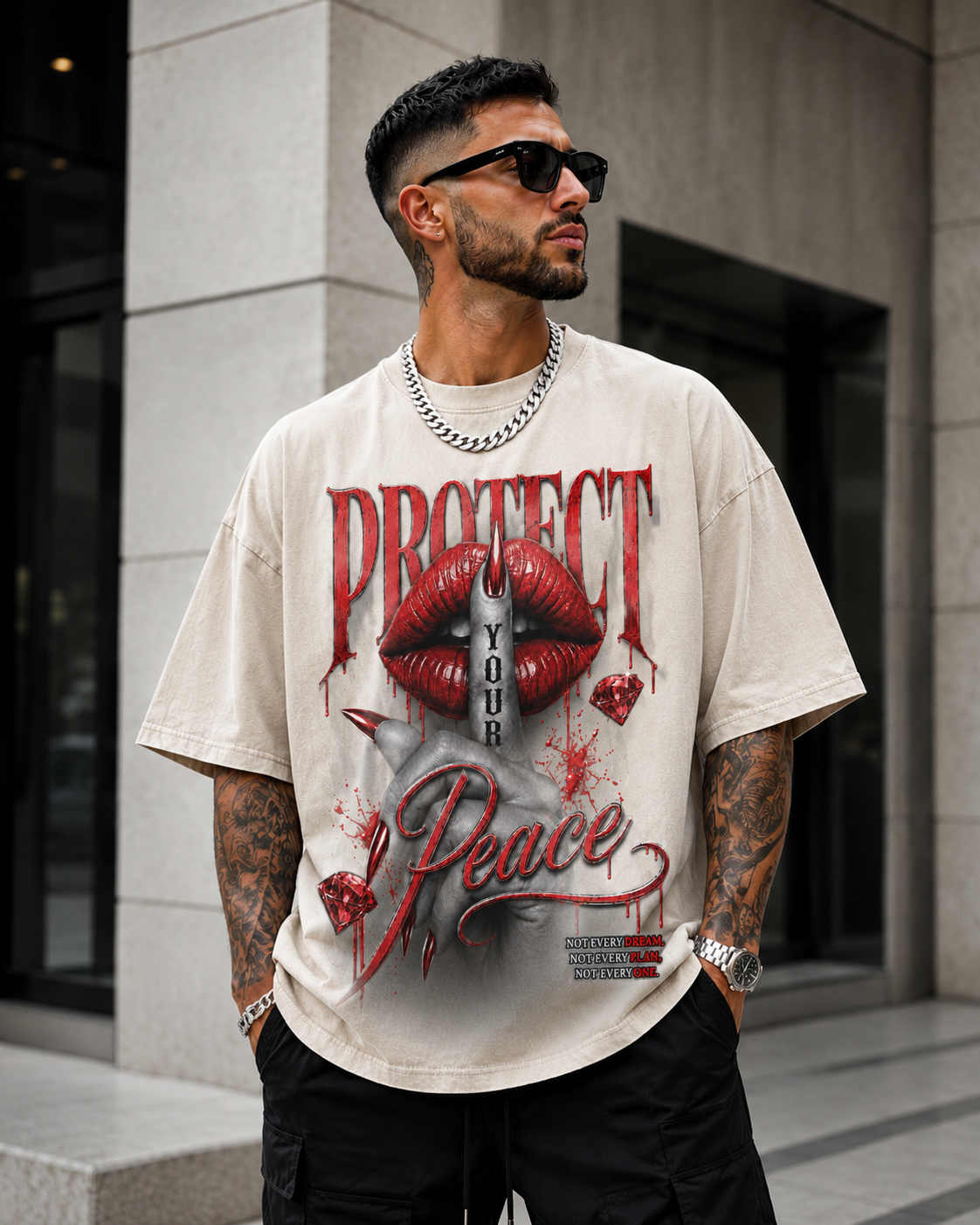 Protect Your Peace Acid Wash Oversized Tee (Red Lips)