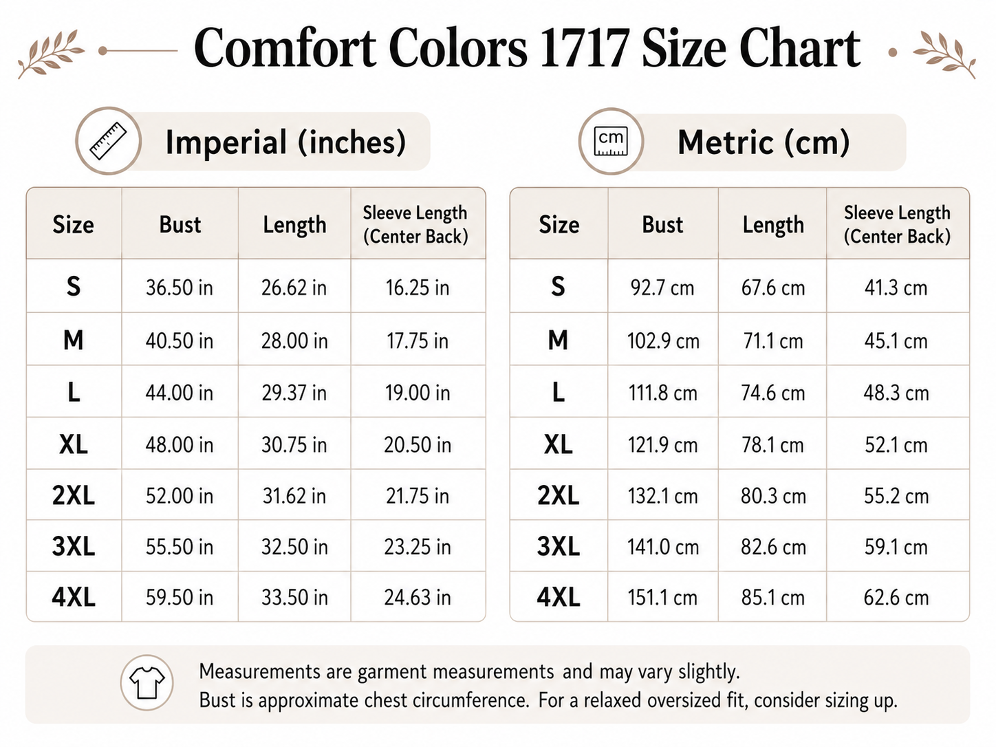 Chart titled 'Comfort Colors 1717 Size Chart' listing size measurements in imperial inches and metric centimeters for sizes S, M, L, XL, 2XL, 3XL, and 4XL.