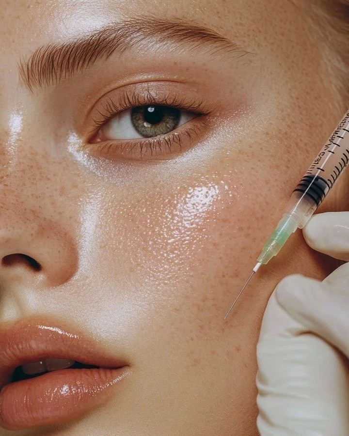 Close-up of a woman with light skin and freckles receiving a facial injection with a syringe by a gloved hand.