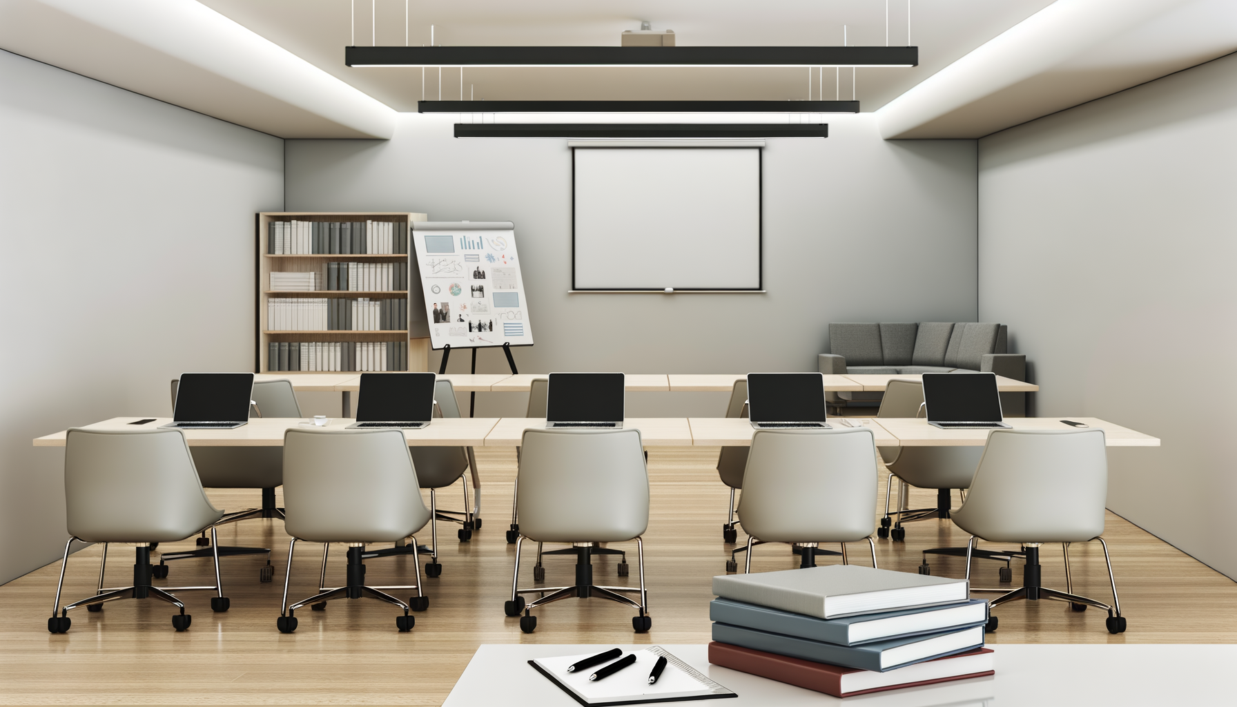 Empty conference room with a large table, laptops, a whiteboard, a projector screen, a couch, and shelves of binders.