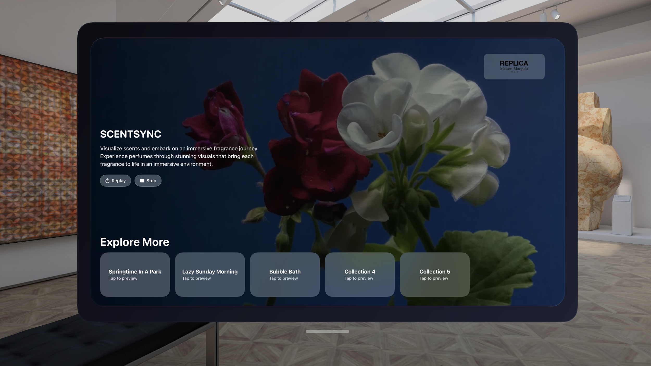 Digital display screen showing a close-up of a potted white and dark red flower on a blue background, with text about an immersive fragrance journey and options to explore more collections, within an art gallery setting.
