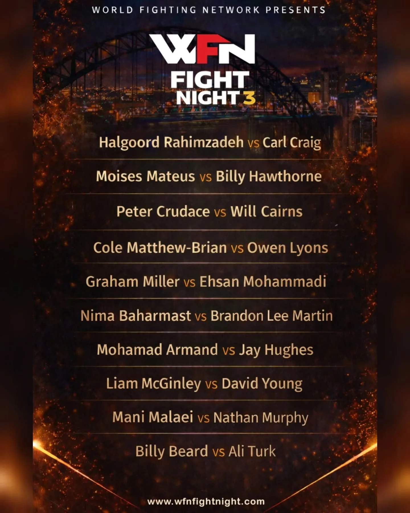 The fight card is locked in.

WFN Fight Night 3 is stacked from top to bottom and Newcastle is in for a serious night.
Rivalries, debuts, returns and everything in between.
This is what live fight nights are about.

Sunday, 1st February
Digital, Time