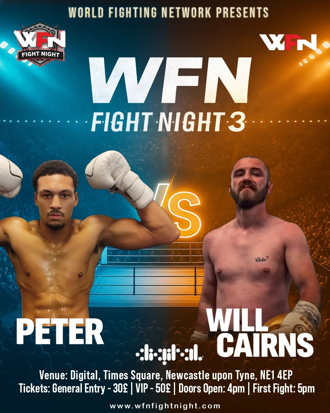 Promotional poster for WFN Fight Night 3 featuring two shirtless male fighters, Peter on the left with boxing gloves and a focused expression, and Will Cairns on the right with a confident stance. The background is split into blue and orange colors w