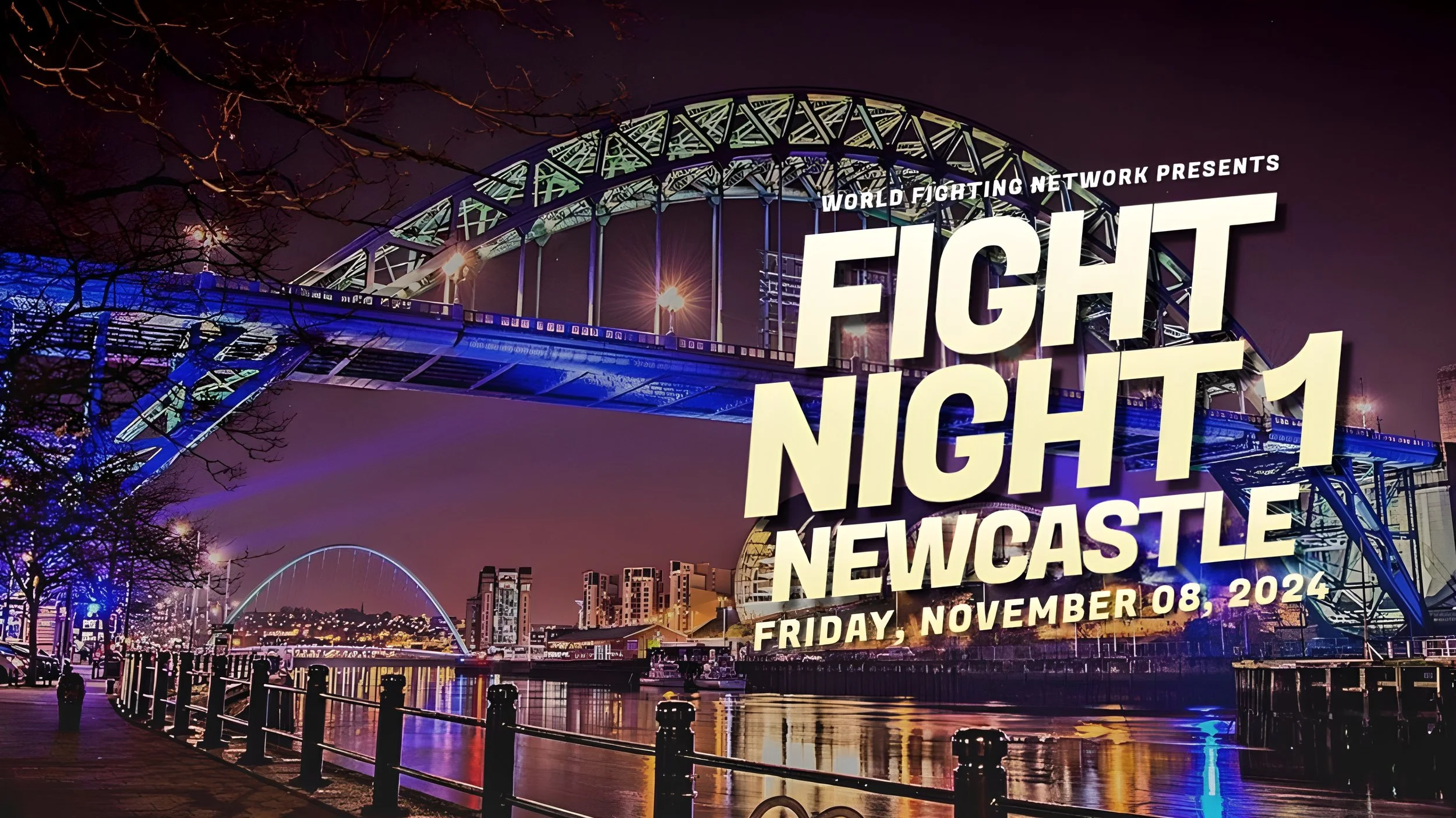Nighttime view of Newcastle with illuminated bridges, city skyline, and water reflection, promotional poster for Fight Night 1 on November 8, 2024.