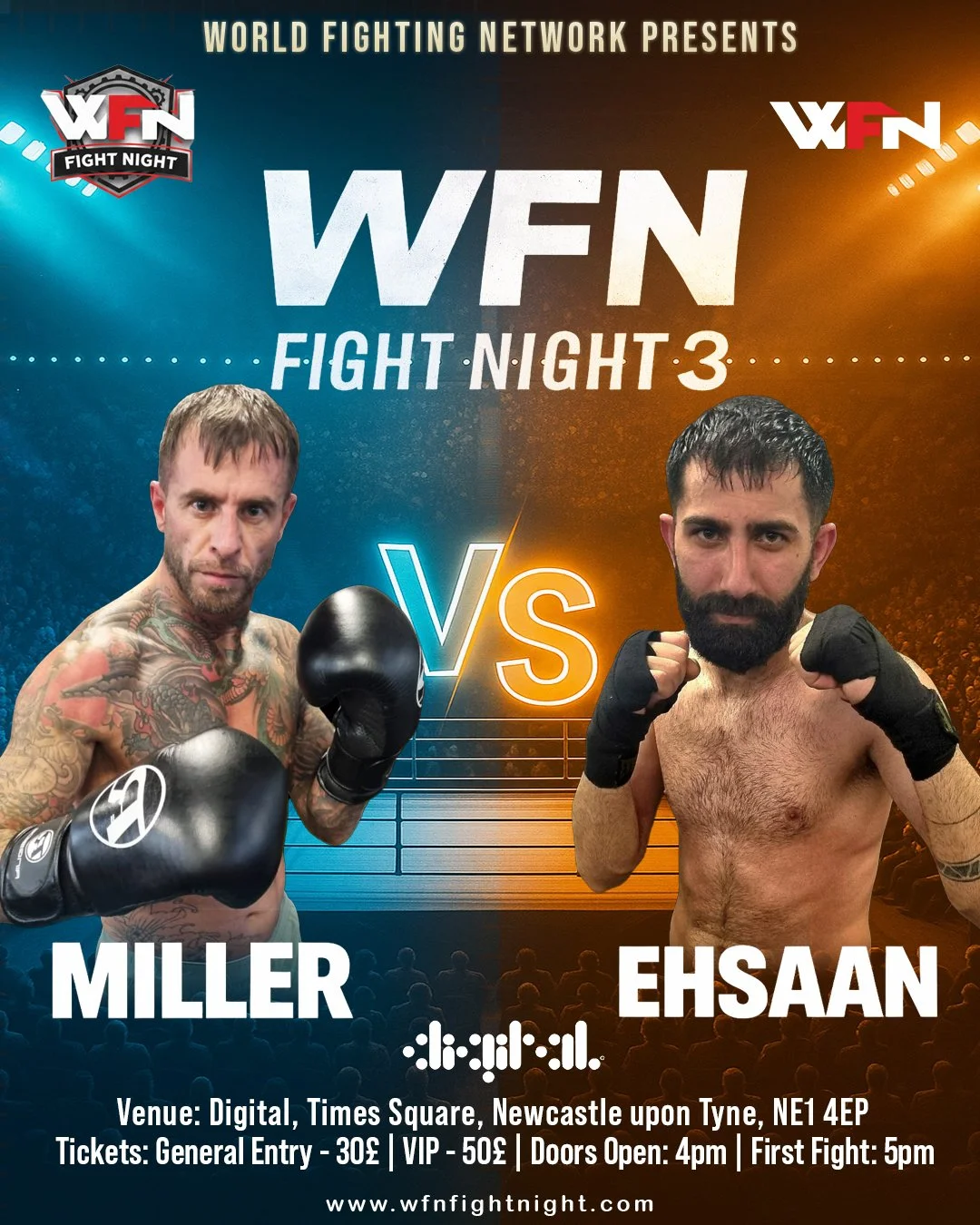 Poster for WFN Fight Night 3 featuring fighters Miller and Ehsaan, with info on venue, tickets, and schedule at Times Square, Newcastle.