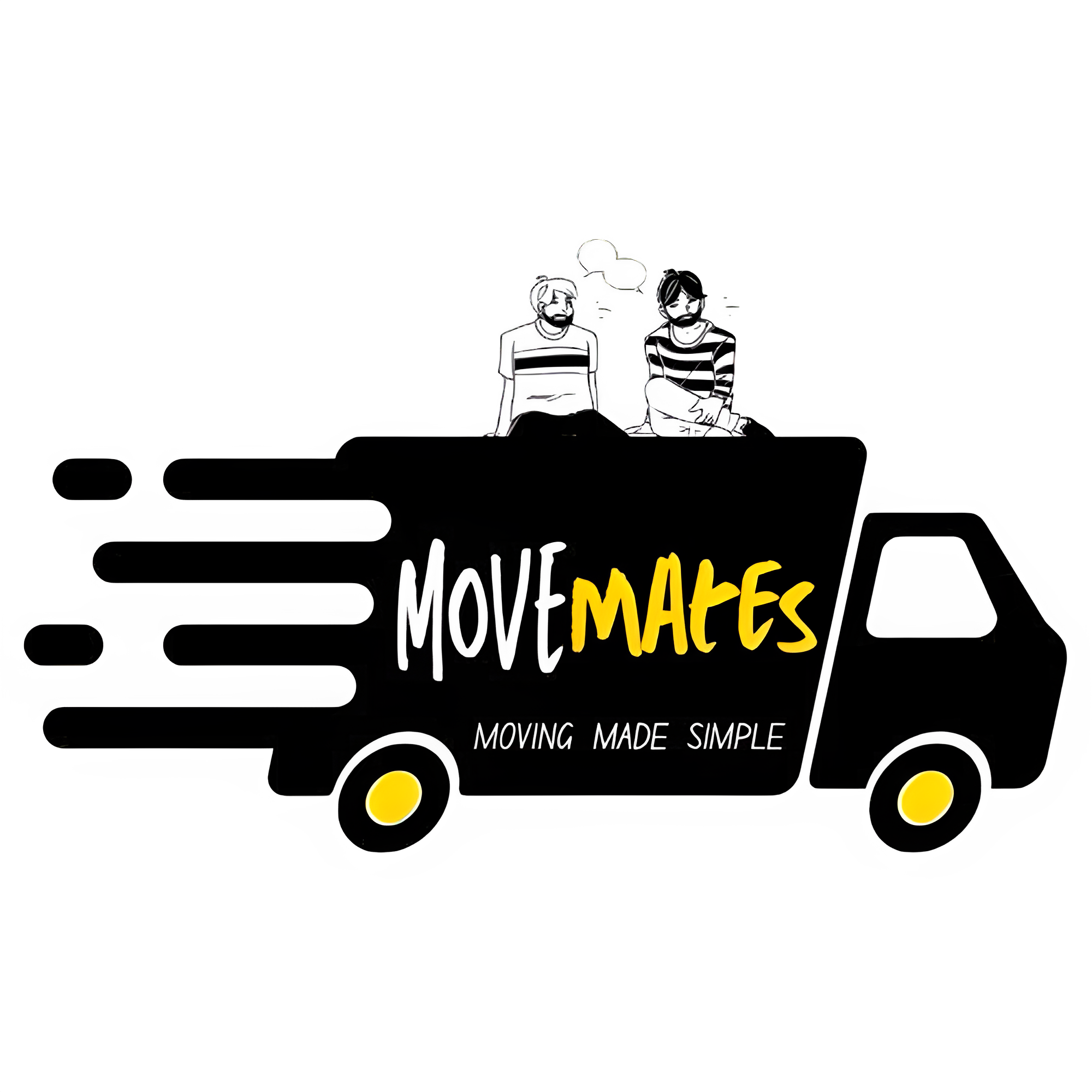 Illustration of two people sitting on top of a black van with the word 'MAFES' written in yellow on its side. The van has yellow wheels and appears to be in motion.