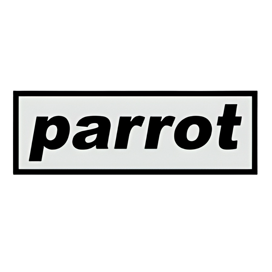 Sign with the word 'parrot' in lowercase black letters on a white background.