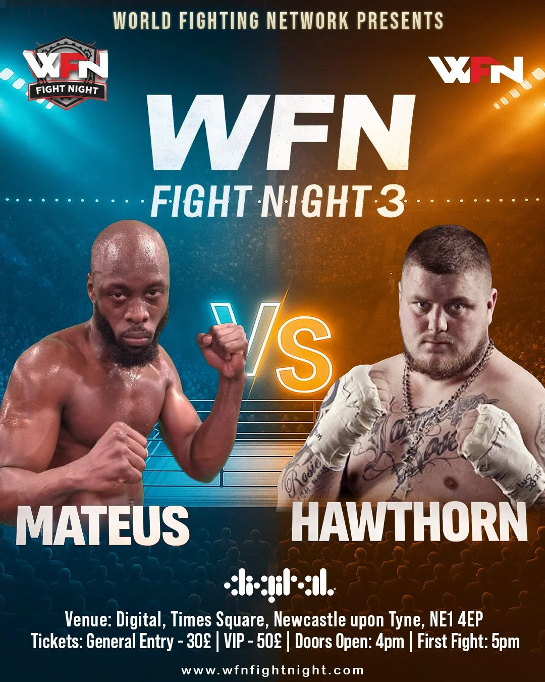 Poster for WFN Fight Night 3 featuring fighters Mateus and Hawthorn with fight details, venue, ticket prices, and schedule.