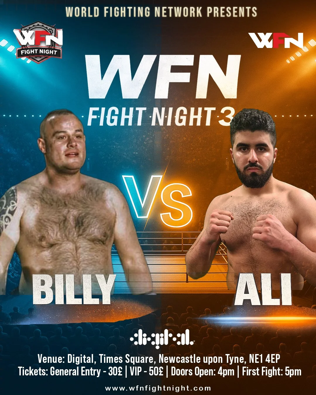 Poster for WFN Fight Night 3 showing two shirtless male fighters, Billy on the left and Ali on the right, in a fighting pose with fists clenched. Background features a blue and orange gradient with silhouettes of an audience and a boxing ring. Text p