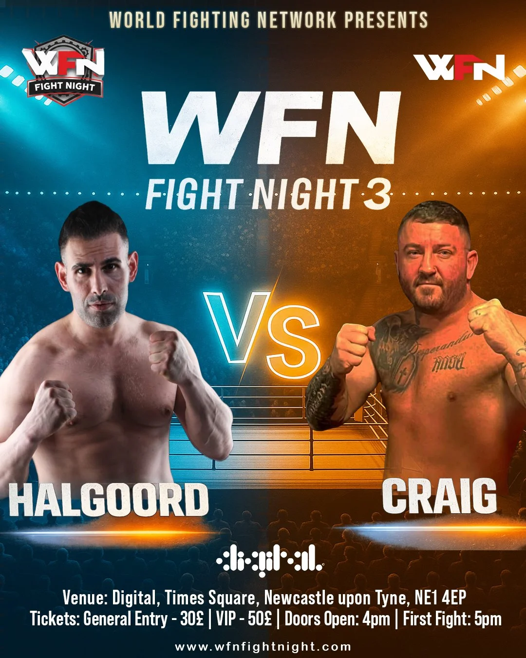 Poster for WFN Fight Night 3 featuring fighters Halgoord and Craig in a boxing ring, with event details including venue, ticket prices, and timing.