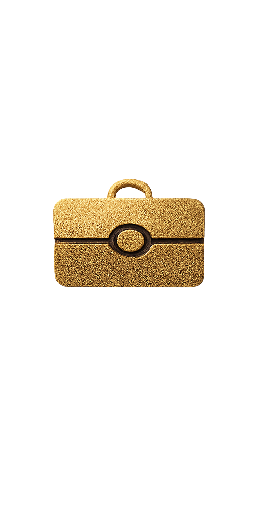 Gold-colored Poké Ball-shaped briefcase against a black background.