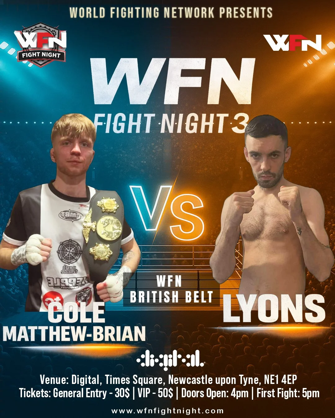 Posters for a boxing match between Cole Matthew-Brian and Lyons, with details about the event, venue, tickets, and timing, set against a split colored background with logos and fighting images.