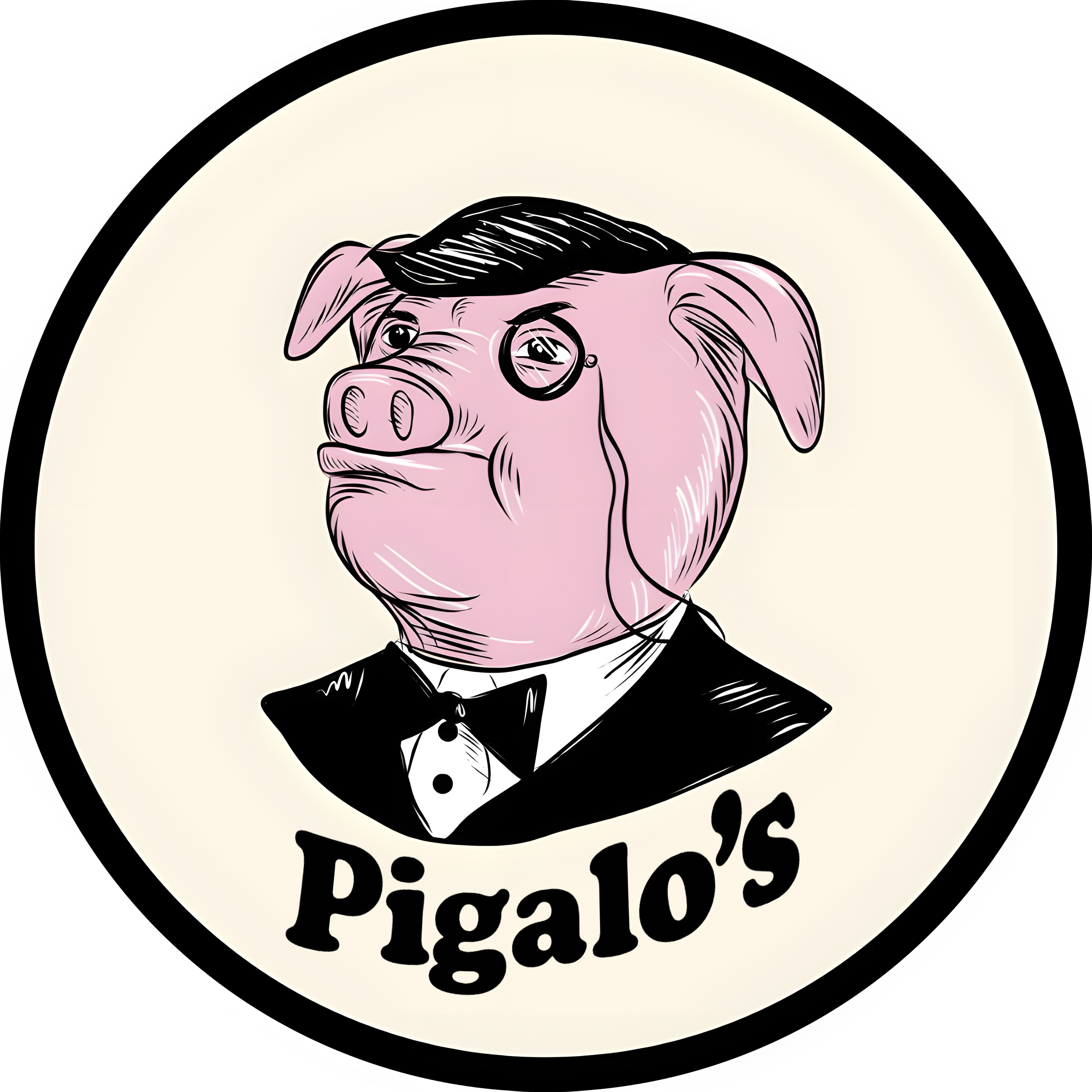Illustration of a pig wearing a tuxedo and glasses, with a hairstyle resembling a human hairstyle. The pig is inside a circular frame with the text 'Pigalo's' below it.