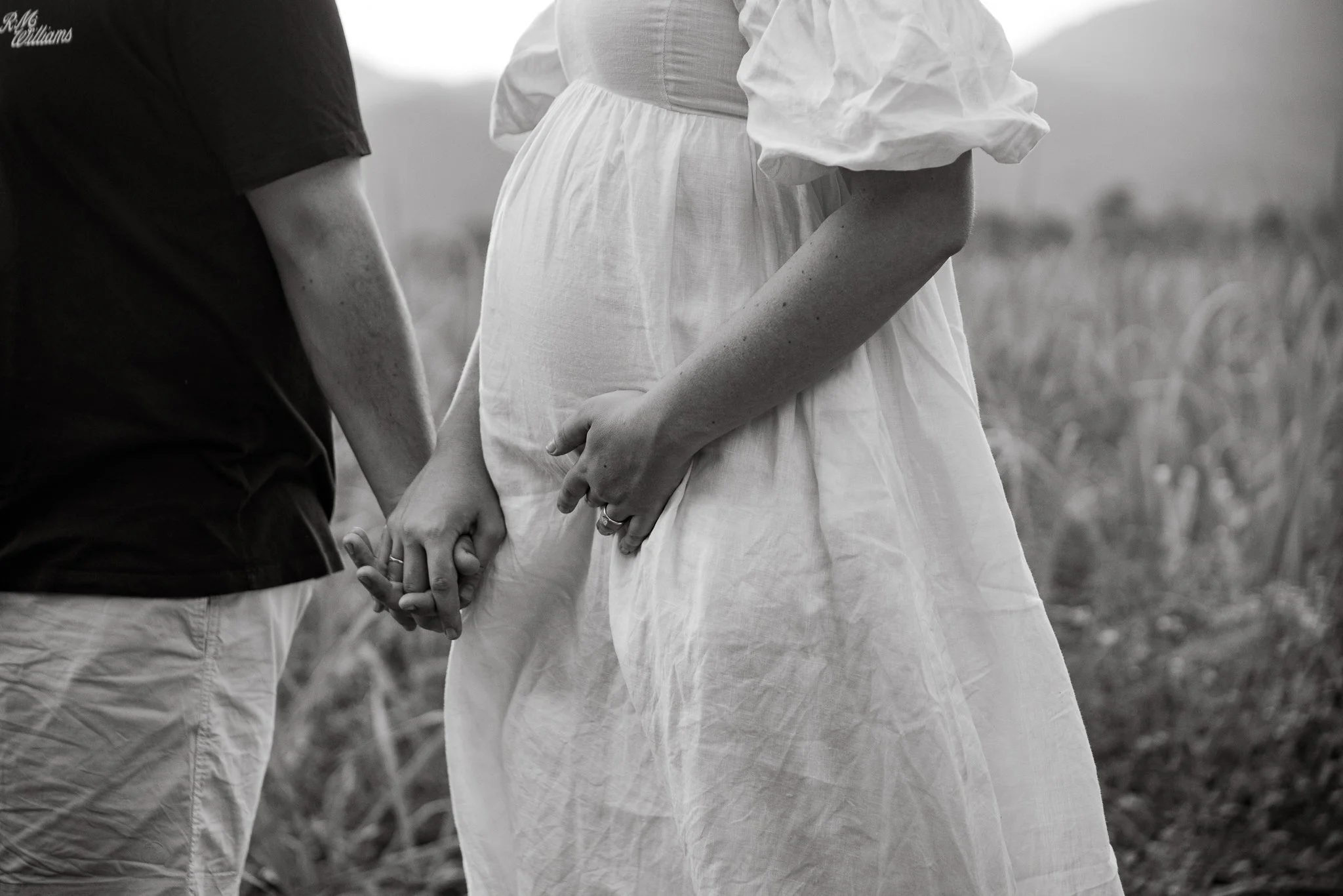 Close-up of a pregnant woman and her partner holding hands, with the woman gently resting her hand on her belly, taken outdoors in a field.