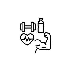 Line drawing of fitness and health symbols including dumbbells, a water bottle, a heart with a heartbeat line, and a flexed muscular arm.