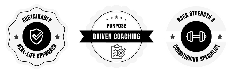 Three black and white badges promoting coaching and strength training. The first badge emphasizes sustainable, real-life approaches. The second badge highlights purpose-driven coaching. The third badge features NSCA strength and conditioning specialists.