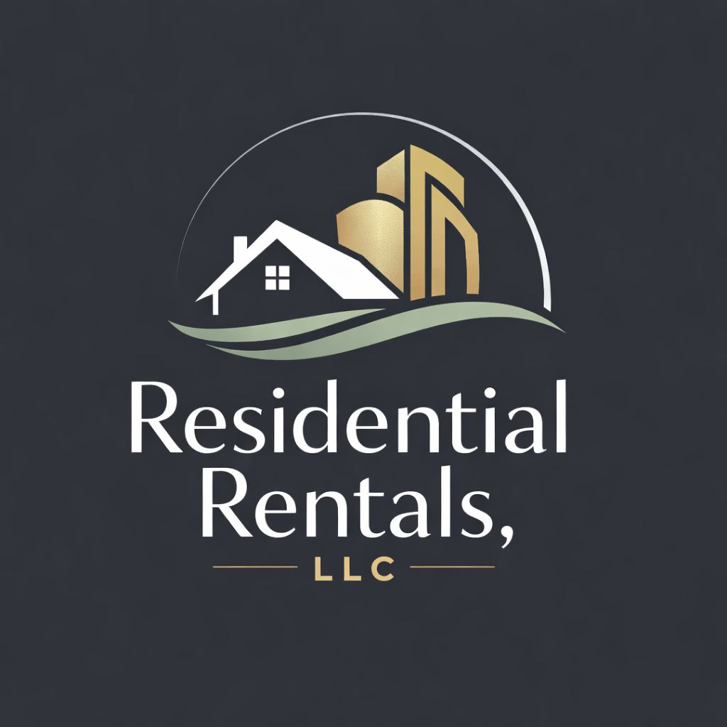 Logo for Residential Rentals LLC featuring a house, tall buildings, and a green wave with white and gold accents.