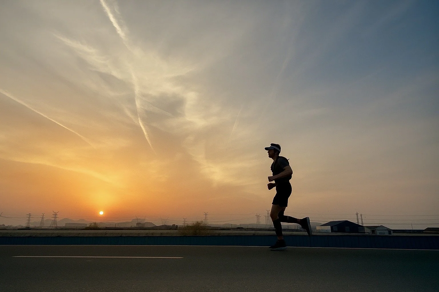 A person running on a road at sunset, with a sky of orange and blue hues, and power lines in the background.