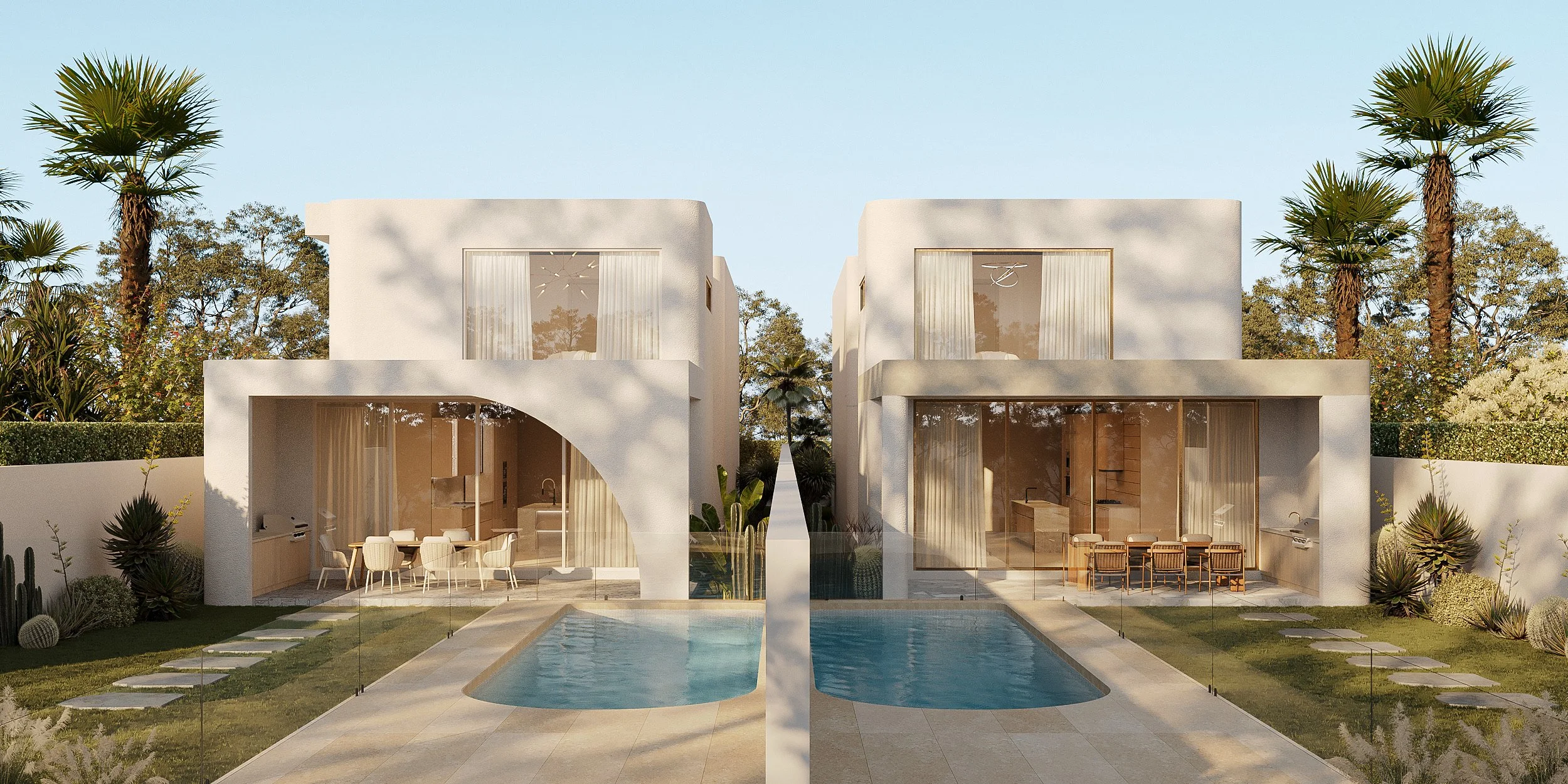 Modern white duplex houses with large glass windows, surrounded by a landscaped yard with cacti and palm trees, featuring a shared swimming pool in the center.