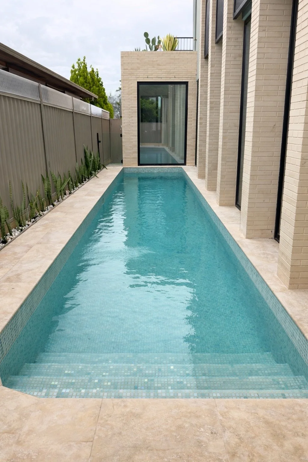 A narrow outdoor pool with clear blue water, adjacent to a modern house with white bricks and large black-framed windows, surrounded by a beige tile deck and a gray fence with green plants.