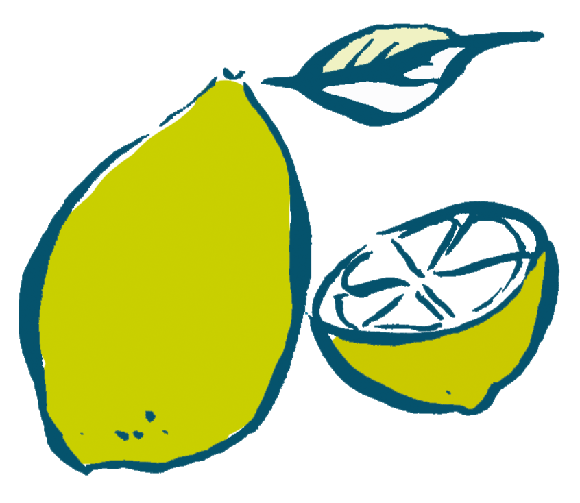 An illustration of a whole lemon, and a half lemon with a leaf.